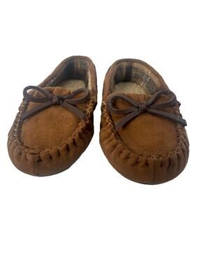 Cat & Jack Brown Moccasin Slippers Faux Fur Bow Unisex Kids Size 6